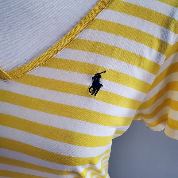 Ralph Lauren Sport V-Neckline Yellow White Striped Short Sleeve Tee Size M - Picture 3 of 7